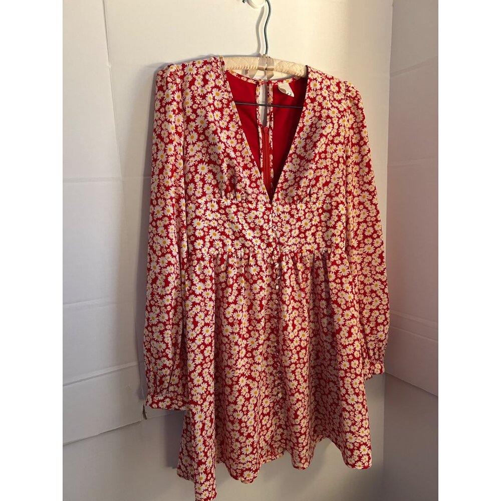 Commense Red Floral Daisy Mini Dress Women’s Small Long Sleeve V-Neck Boho Summe
